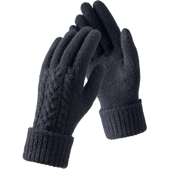 Women Black Folding Cuff Touchscreen Soft Skin-Friendly Jacquard Knit Warm Glove - Picture 1 of 6